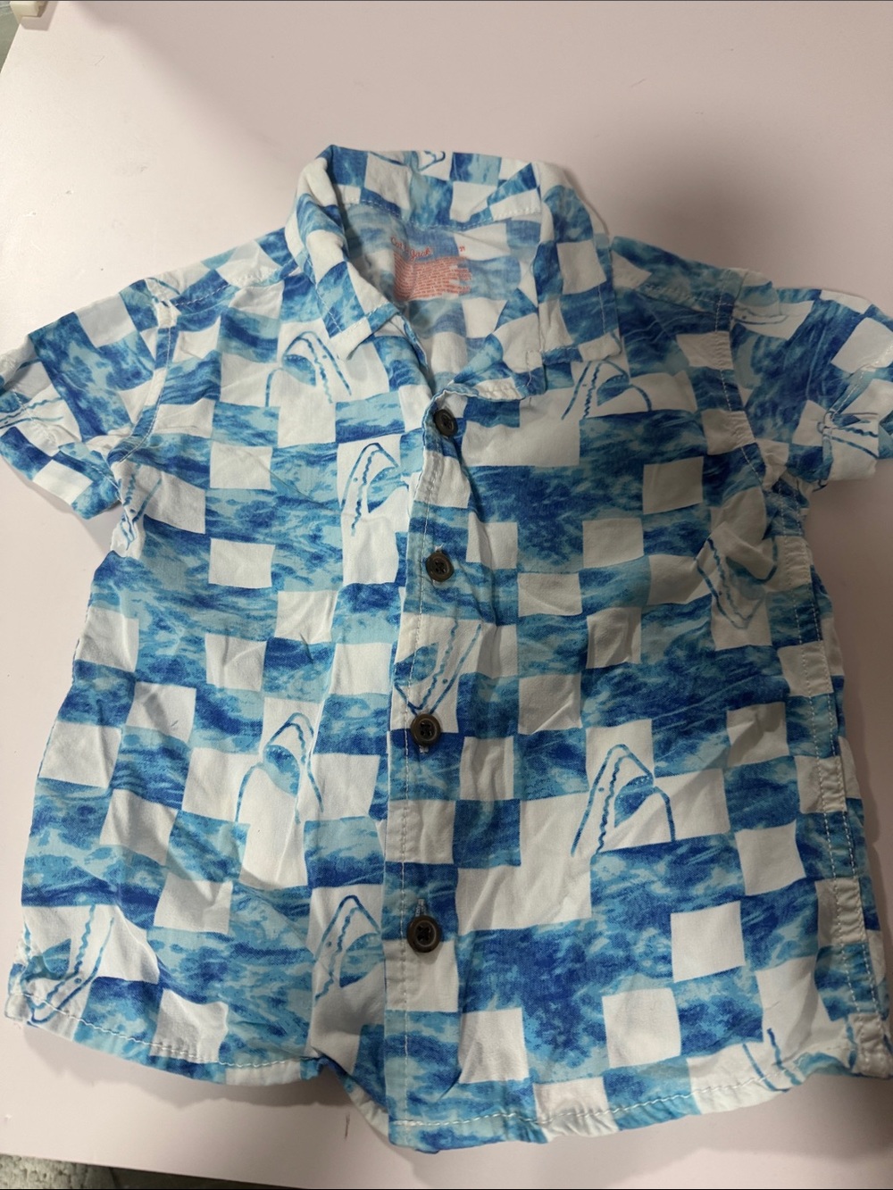 Cat & Jack Blue and White Checkboard Shark Print Button-Down Shirt
